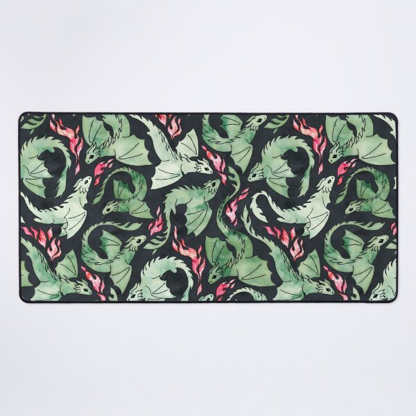 Dragon fire dark green on black Desk Mat