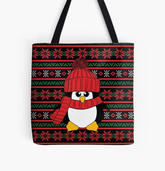 Krimbles Cheeky Festive Penguin Poinsettia Ugly Christmas Sweater All Over Print Tote Bag