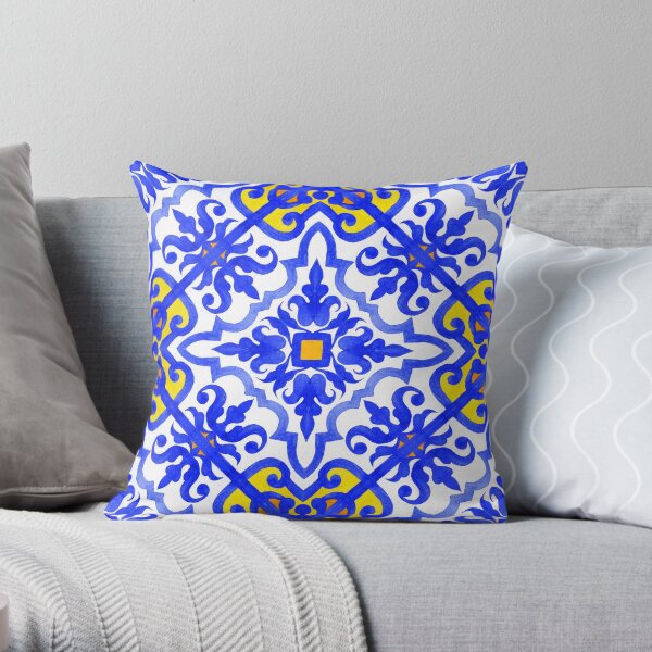 Portuguese azulejo tiles. Blue and white gorgeous seamless patterns. Throw Pillow