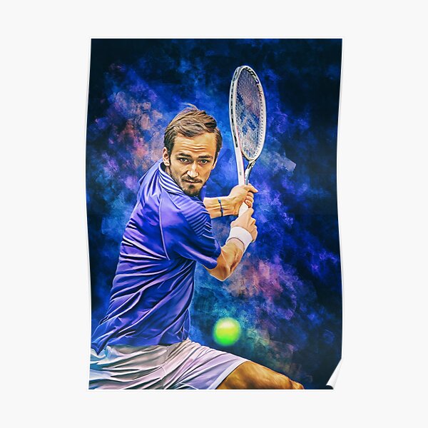 Daniil Medvedev spielt bei den US Open 2021 Rückhand. Wandposter mit digitalen Kunstwerken. Tennisfan-Kunstgeschenk. Poster