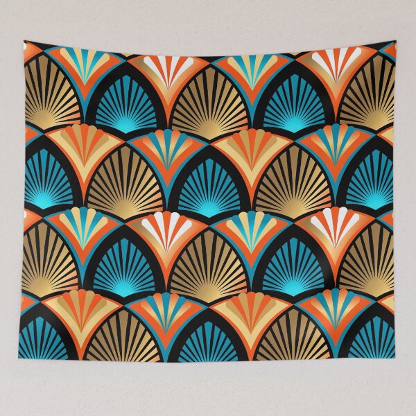 Item preview, Art Deco golden geometric retro pattern with stylised palm leaves and beach umbrellas-4 designed and sold by Irina Ivanova.