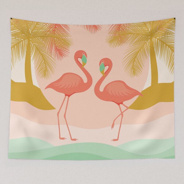 Item preview, Boho illustration with Flamingos chilling out on the beach surrounded by palm trees. designed and sold by EliveraDesigns.