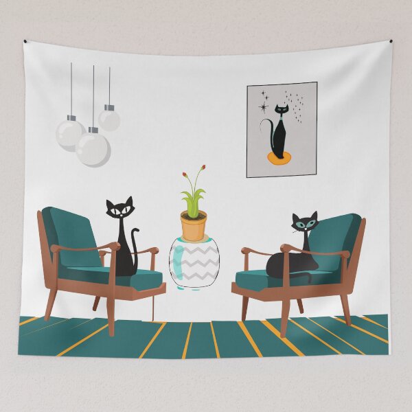 Item preview, Retro Kitties Sitting in a Blue and Yellow Mid Mod Lounge designed and sold by LisWilliams.