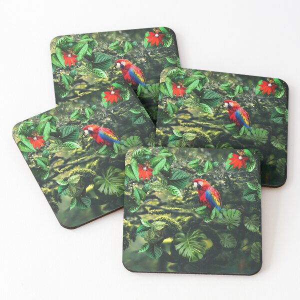 Item preview, Parrot scarlet macaw in colorful jungle with flowers designed and sold by EglesCreations.