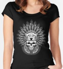 Native Aztec Jaguar Warrior Skull Headdress Women's Fitted Scoop T-Shirt