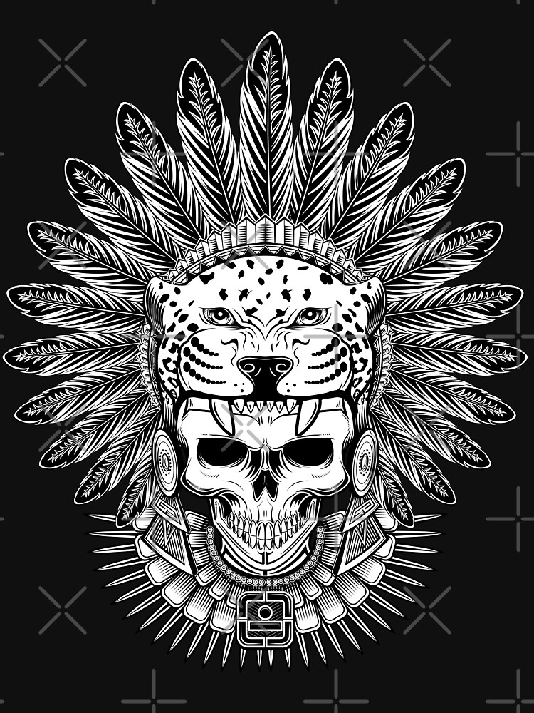 “Aztec Jaguar Warrior Skull - Native Headdress” T-shirt by SixthCycle