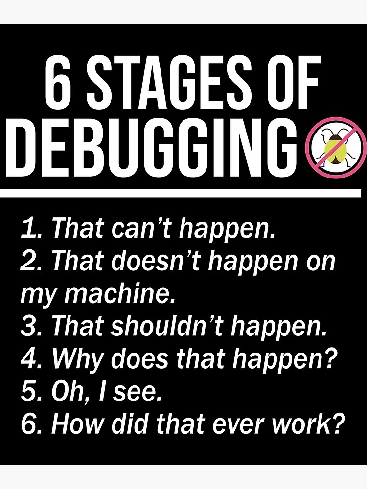 Disover 6 Stages of Debugging Funny Programming Developer Premium Matte Vertical Poster