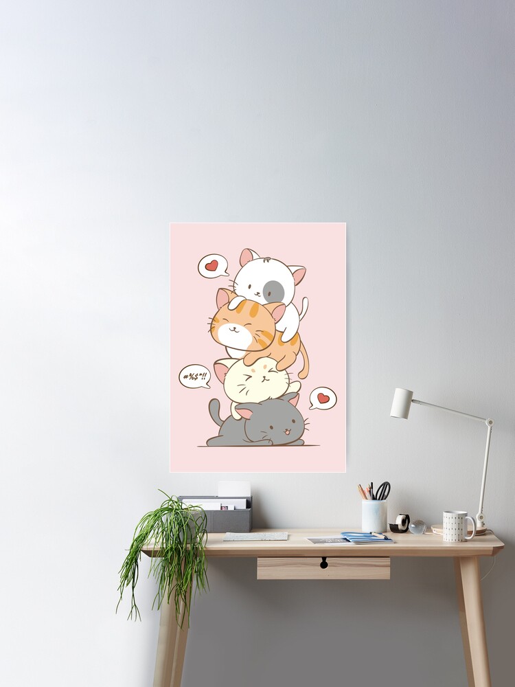 Meowtain Cute Kawaii Cat Stack Anime Japanese Harajuku Pastel Aesthetic |  Poster