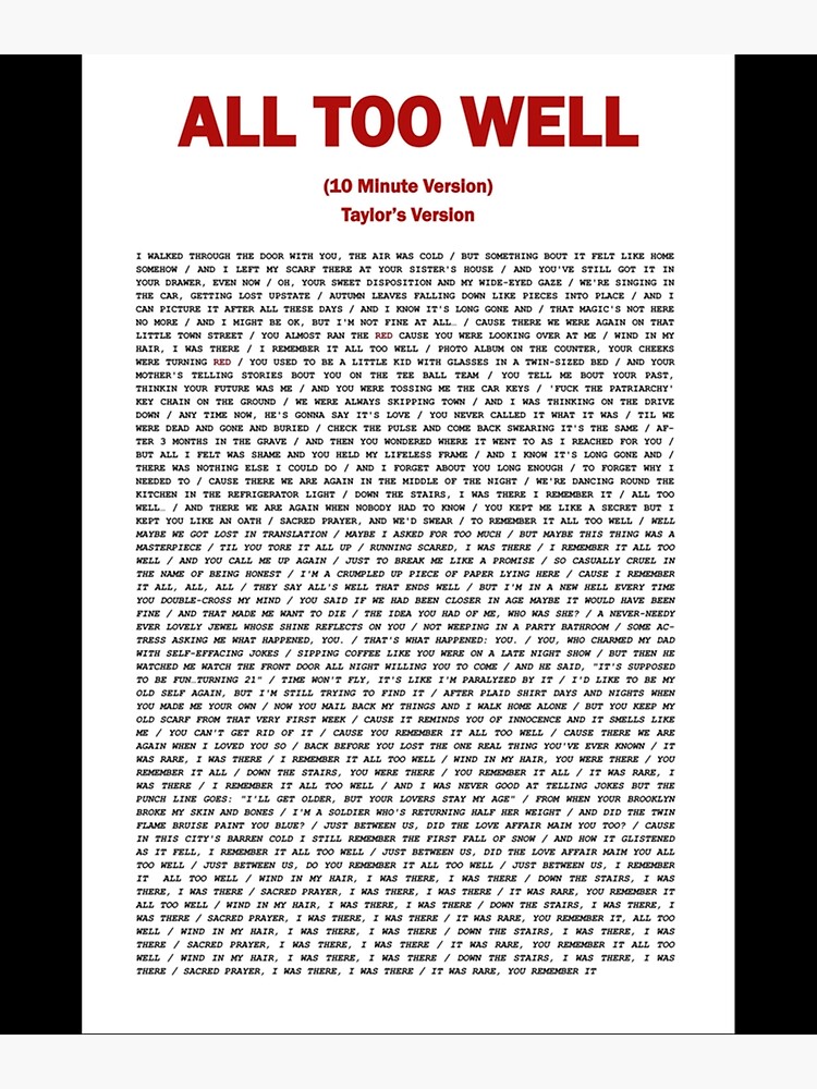 On sale Taylor Retro Newspaper Print, All Too Well 10 Minute Version Lyrics Print, Red T