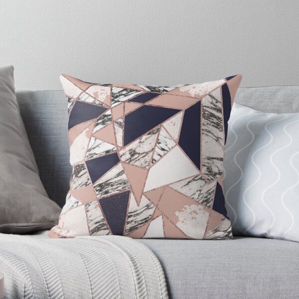 Geometric Navy Blue Peach Marble Rose Gold Triangle Throw Pillow