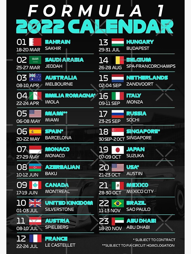 Lámina Fotográfica Calendario F1 2022 Todos Los Circuitos Cyan De