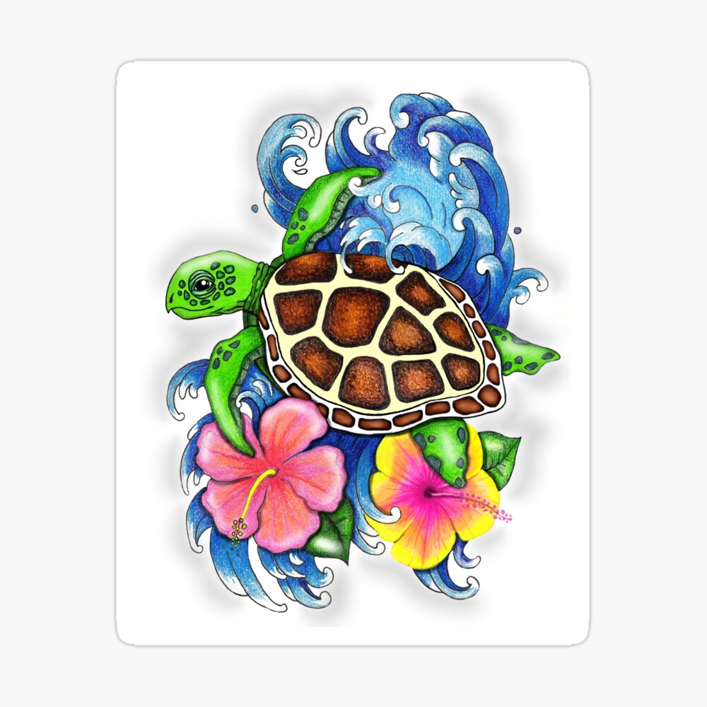Tatouage Tortue + Fleur Hibiscus Impression sur toile « Tortue de mer tropicale et fleur d'hibiscus », par  EverIris | Redbubble