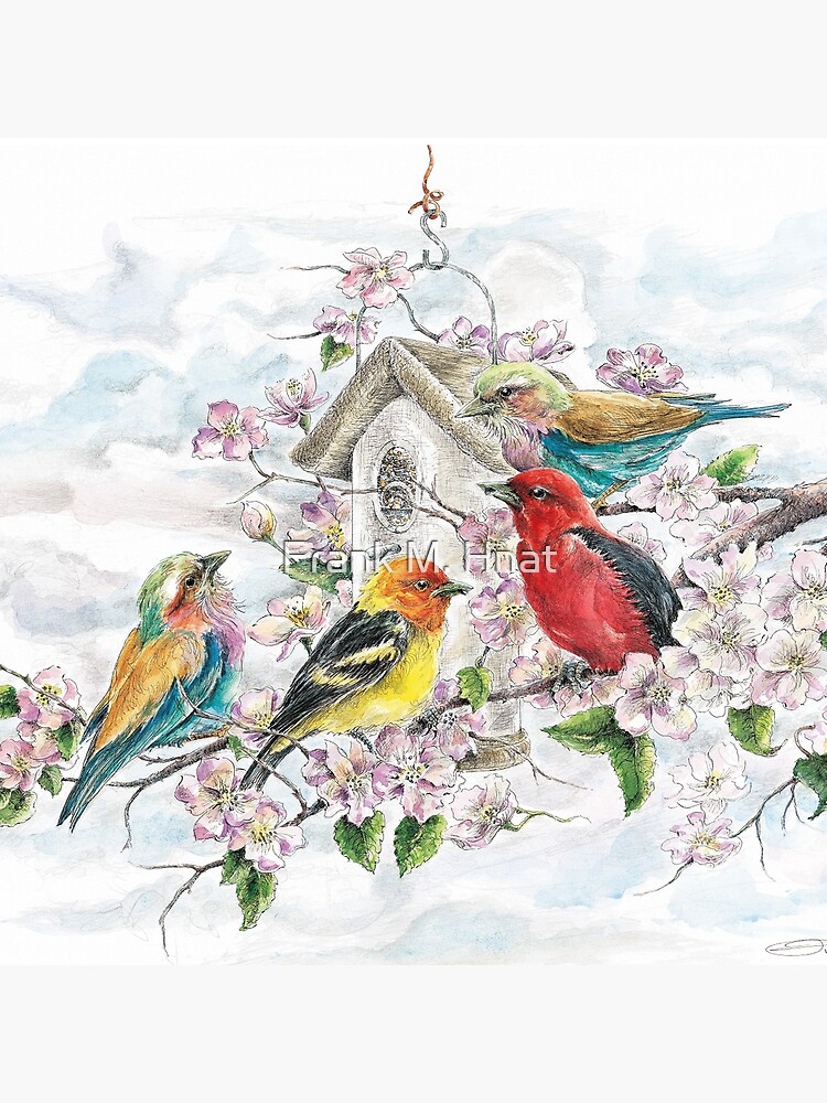 "Painted Buntings and a Tanager Enjoying the Spring Flowers" Throw