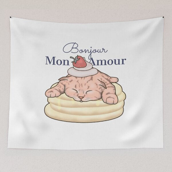 Item preview, Bonjour Mon Amour Cat Pancake Strawberry Breakfast Chef Baker designed and sold by ViewerEqualsPhoton.