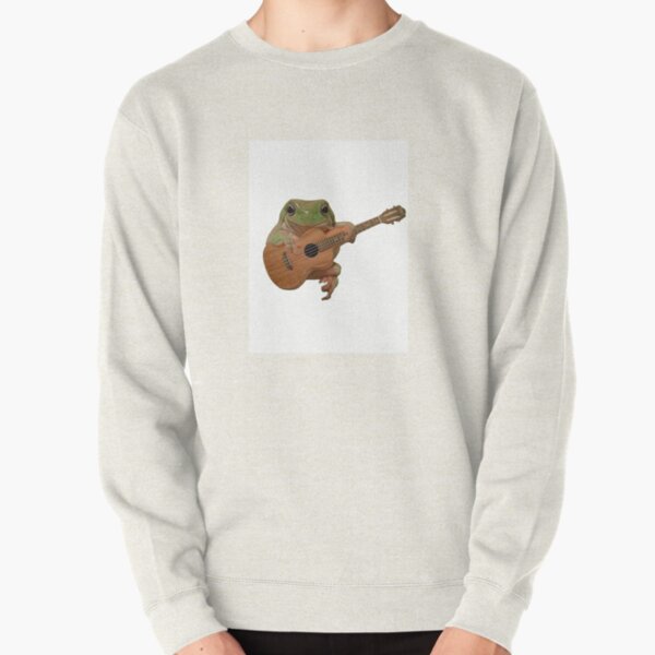 Frog playing on guitar, cute frog playing on ukulele, cute frog sitting, frog sitting, realistic frog sitting and playing on guitar Pullover Sweatshirt