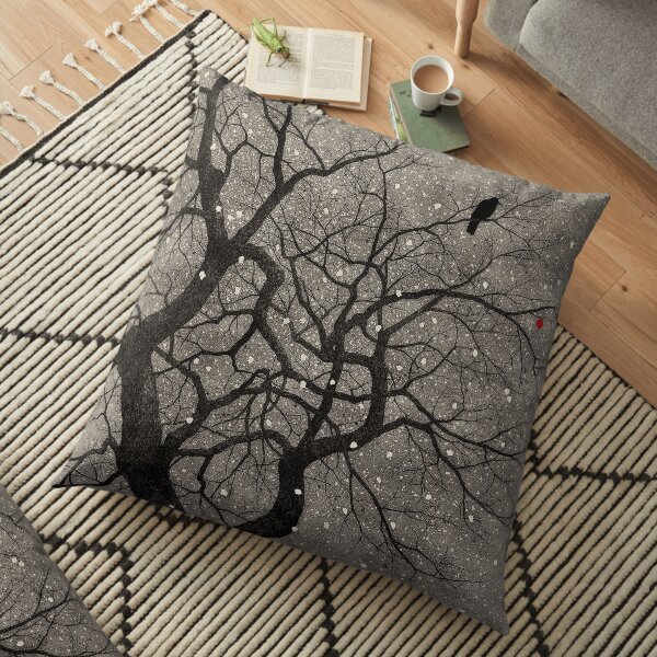 Crow and Persimmon in the Snow - Ryohei Tanaka Floor Pillow