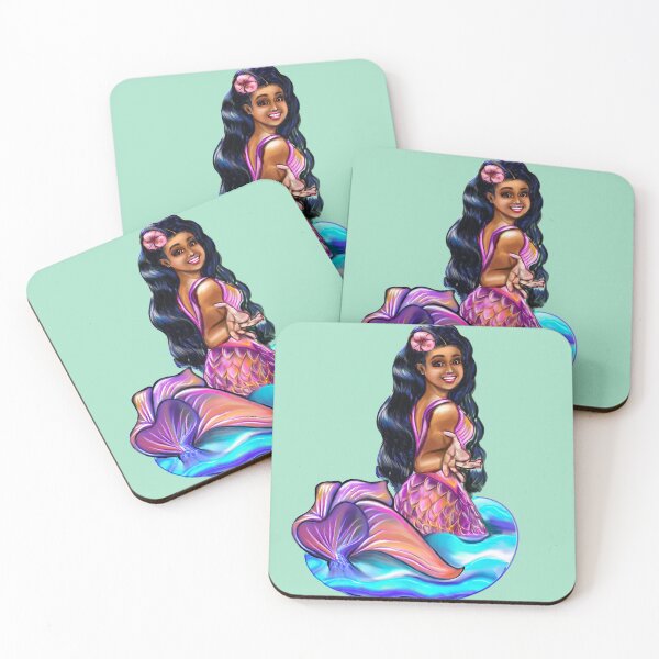 Item preview, Mermaid Pacific princess  2 with rainbow coloured colored fins, hibiscus, outstretched  arm, brown eyes, Curly hair  and caramel brown skin - light background designed and sold by Artonmytee.
