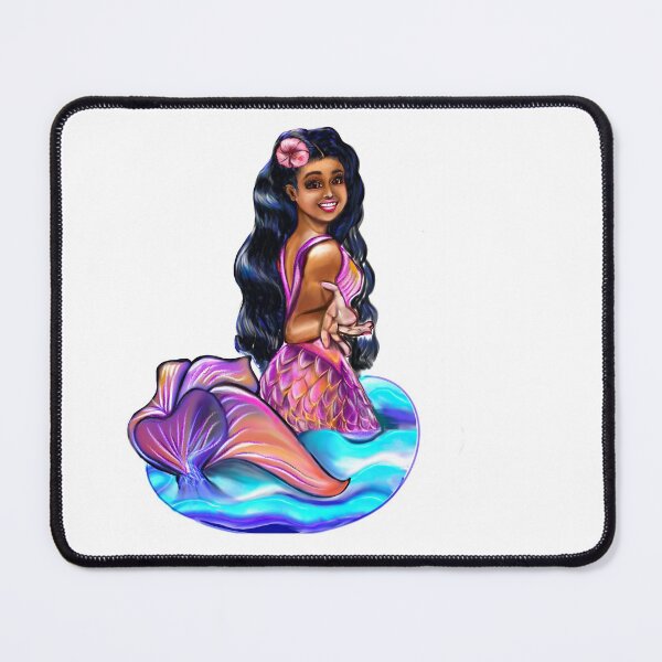Item preview, Mermaid Pacific princess  2 with rainbow coloured colored fins, hibiscus, outstretched  arm, brown eyes, Curly hair  and caramel brown skin - light background designed and sold by Artonmytee.