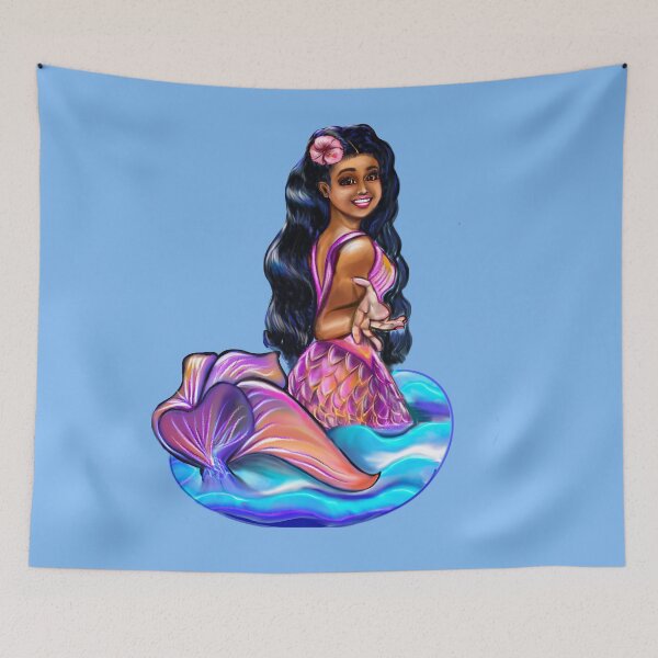 Item preview, Mermaid Pacific princess  2 with rainbow coloured colored fins, hibiscus, outstretched  arm, brown eyes, Curly hair  and caramel brown skin - light background designed and sold by Artonmytee.