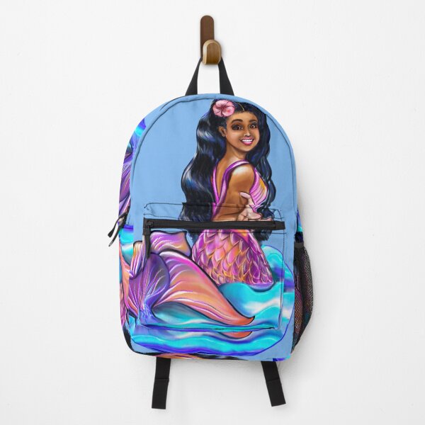 Item preview, Mermaid Pacific princess  2 with rainbow coloured colored fins, hibiscus, outstretched  arm, brown eyes, Curly hair  and caramel brown skin - light background designed and sold by Artonmytee.