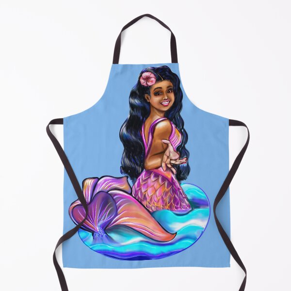 Item preview, Mermaid Pacific princess 2 with rainbow coloured colored fins, hibiscus, outstretched arm, brown eyes, Curly hair and caramel brown skin - light background designed and sold by Artonmytee.