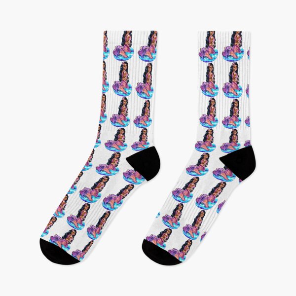 Item preview, Mermaid Pacific princess  2 with rainbow coloured colored fins, hibiscus, outstretched  arm, brown eyes, Curly hair  and caramel brown skin - light background designed and sold by Artonmytee.