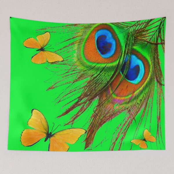 Item preview, YELLOW BUTTERFLIES PEACOCK FEATHERS GREEN COLOR ART designed and sold by sharlesart.