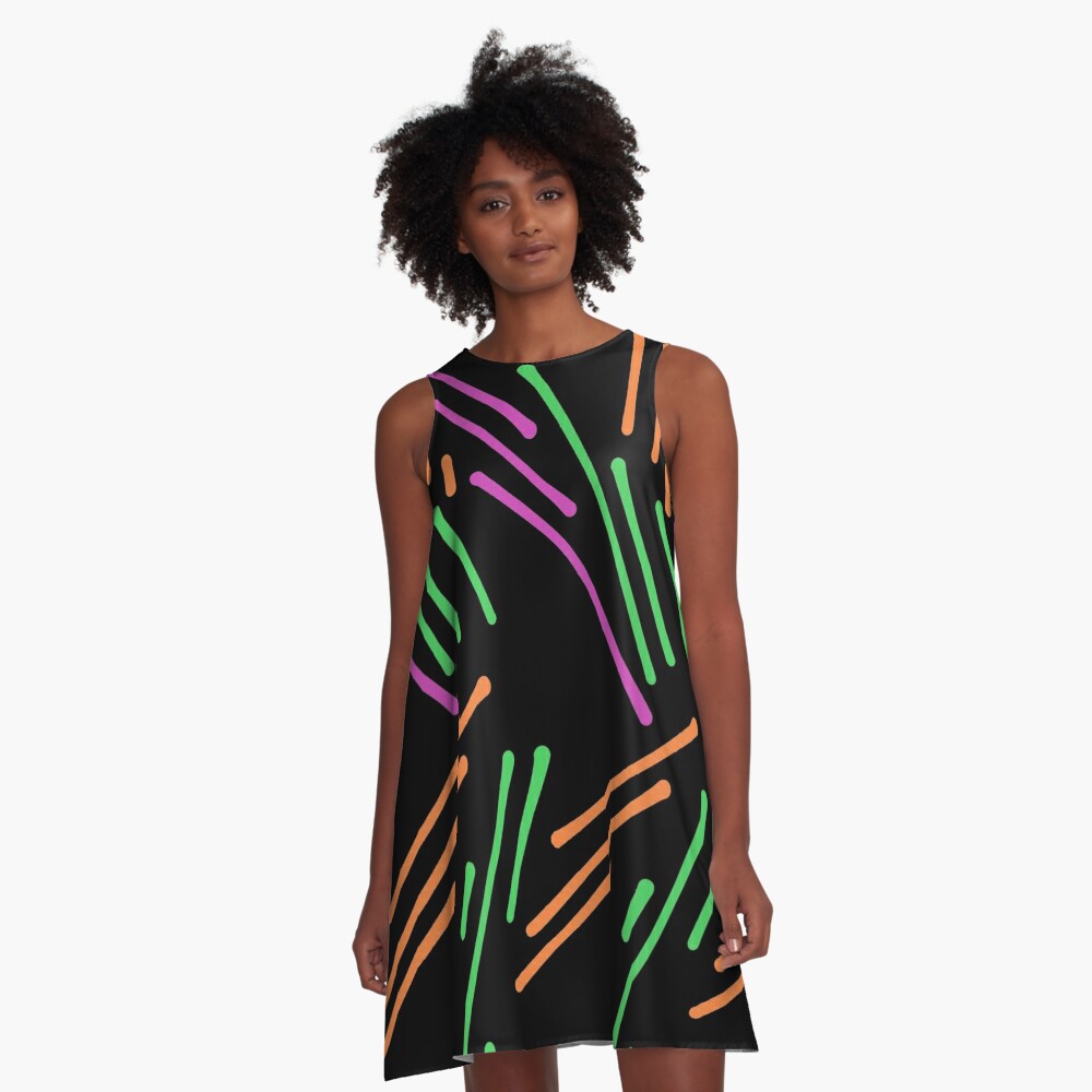 Hand Drawn Linear Funky Zig Zag Pattern on Black A-Line Dress