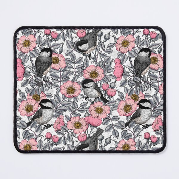 Item preview, Chickadees in the wild rose, pink and gray designed and sold by Katerina Mitkova Kirilova.