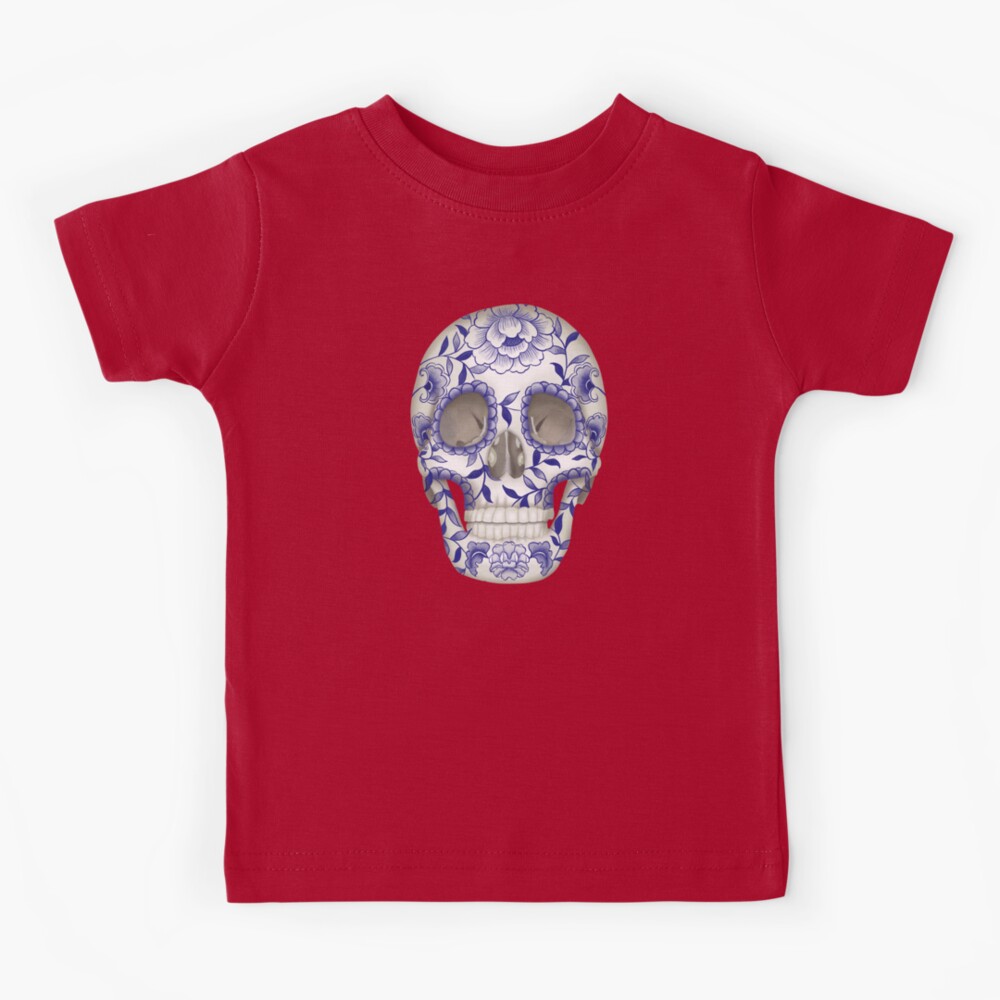 Chinese Porcelain Blue & White Sugar Skull Kids T-Shirt for Sale
