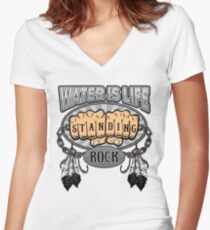 Standing Rock Water is Life Fists NoDAPL Women's Fitted V-Neck T-Shirt