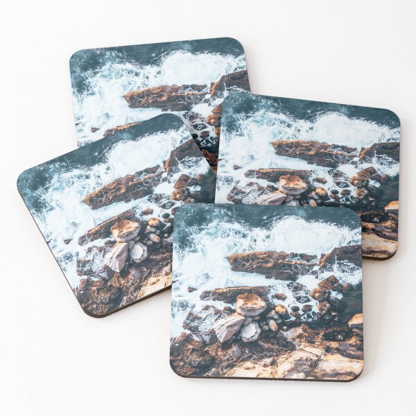 Item preview, Ocean waves crashing on the cliffs of a rugged/ rocky coastline. Blue, foamy Waves pounding on rocks. designed and sold by HappyNoireArt.