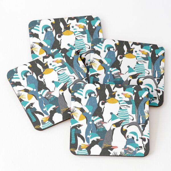 Item preview, Merry penguins // black white grey dark teal yellow and coral type species of penguins teal dressed for winter and Christmas season designed and sold by SelmaCardoso.