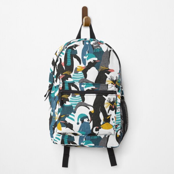 Item preview, Merry penguins // black white grey dark teal yellow and coral type species of penguins teal dressed for winter and Christmas season designed and sold by SelmaCardoso.