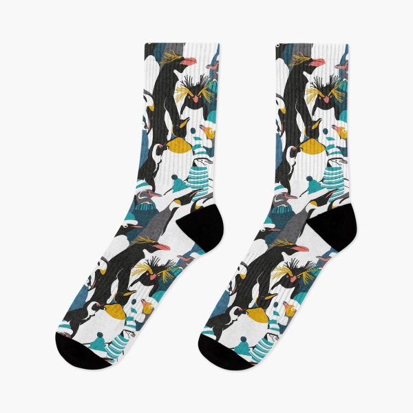 Item preview, Merry penguins // black white grey dark teal yellow and coral type species of penguins teal dressed for winter and Christmas season designed and sold by SelmaCardoso.
