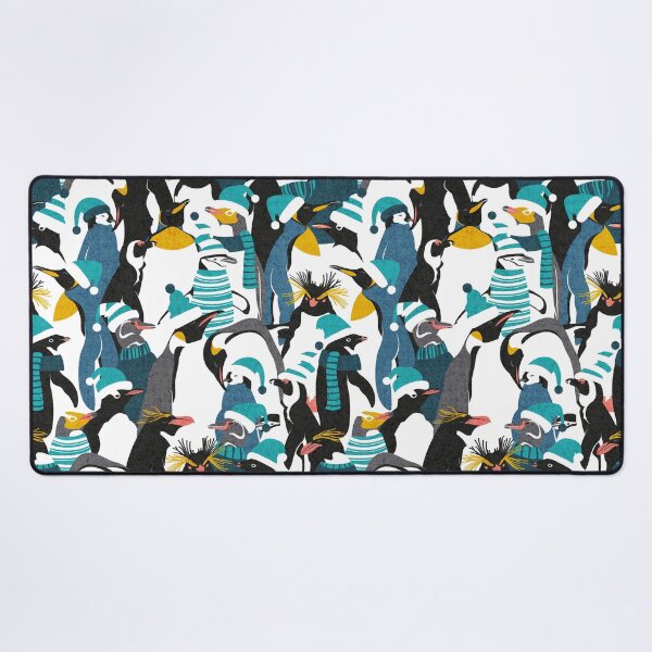 Item preview, Merry penguins // black white grey dark teal yellow and coral type species of penguins teal dressed for winter and Christmas season designed and sold by SelmaCardoso.
