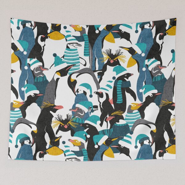 Item preview, Merry penguins // black white grey dark teal yellow and coral type species of penguins teal dressed for winter and Christmas season designed and sold by SelmaCardoso.
