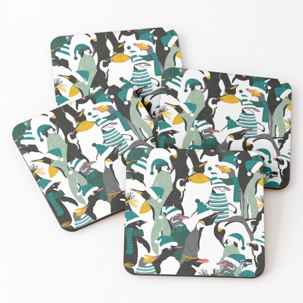 Item preview, Merry penguins // black white grey green yellow and coral type species of penguins green dressed for winter and Christmas season designed and sold by SelmaCardoso.