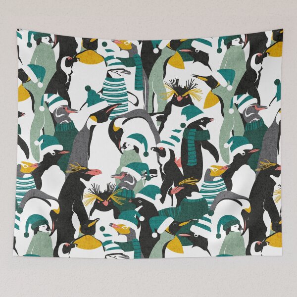 Item preview, Merry penguins // black white grey green yellow and coral type species of penguins green dressed for winter and Christmas season designed and sold by SelmaCardoso.