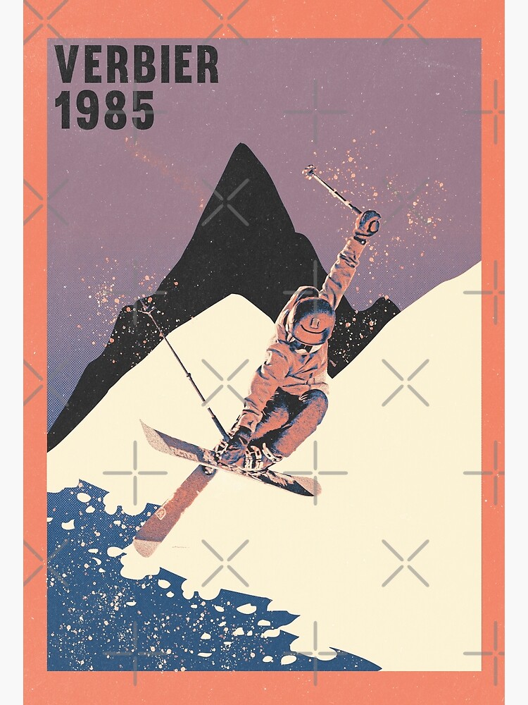 Discover Verbier ski mountains 1985 vintage skiing 80's Premium Matte Vertical Poster