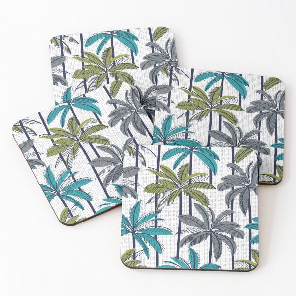 Item preview, Retro Palm Springs vibes // white background highball green peacock blue and green grey palm trees oxford navy blue line contour designed and sold by SelmaCardoso.