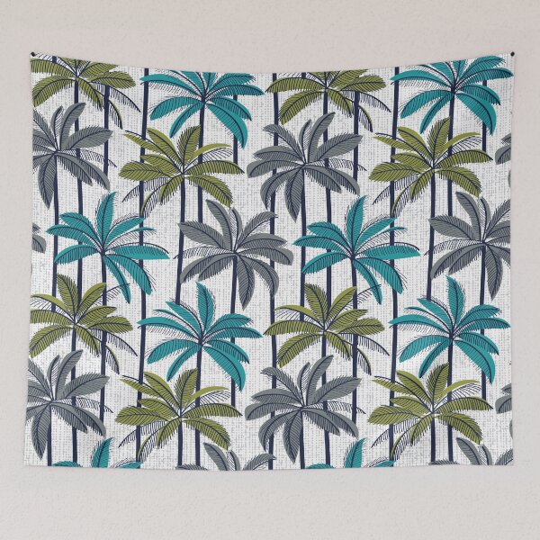 Item preview, Retro Palm Springs vibes // white background highball green peacock blue and green grey palm trees oxford navy blue line contour designed and sold by SelmaCardoso.