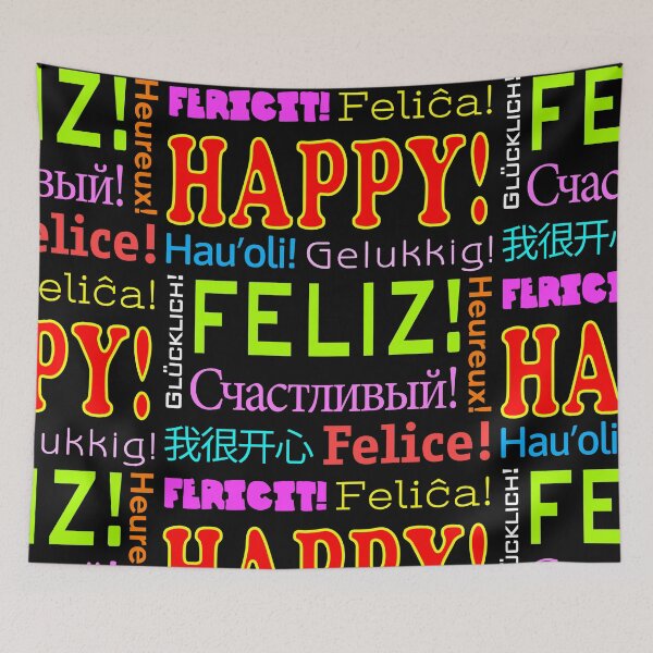 Item preview, HAPPY! in 11 languages - Dark background - PATTERN designed and sold by MantixArt.