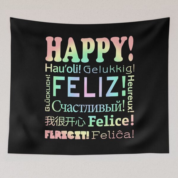 Item preview, HAPPY! in 11 languages - Dark background PASTELS designed and sold by MantixArt.