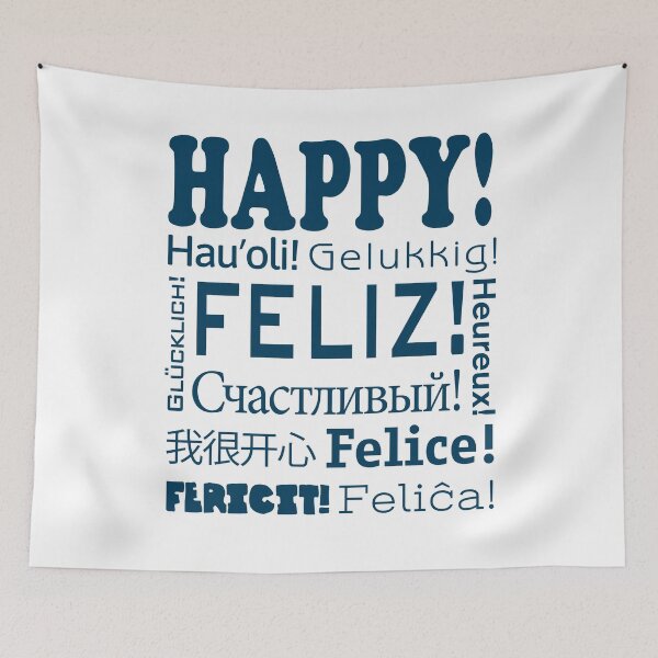 Item preview, HAPPY! in 11 languages - Light background BLUE designed and sold by MantixArt.