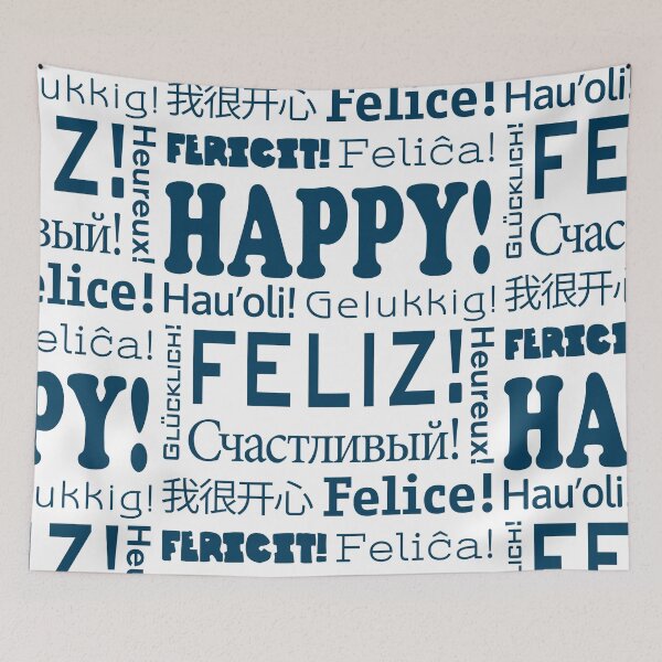 Item preview, HAPPY! in 11 languages - Light background BLUE - PATTERN designed and sold by MantixArt.