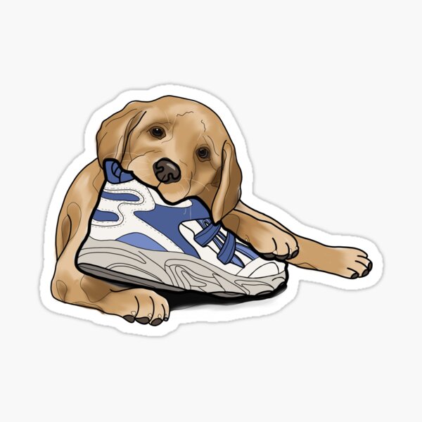 Vista previa del artículo con la obra «Labrador masticando un zapato», diseñado y vendido por YellowPupCo.