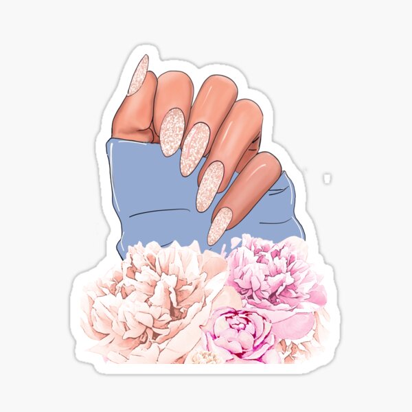 Feminine hand with pink glitter manicure decorated with flowers Sticker