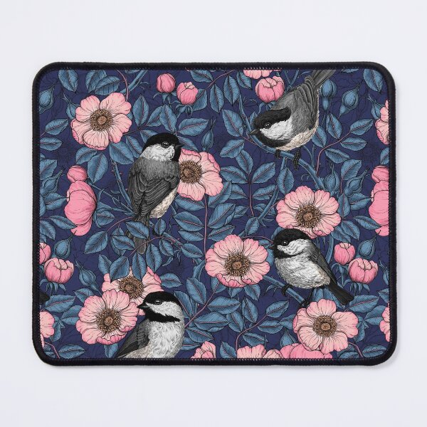 Item preview, Chickadees in the wild rose, pink and blue designed and sold by Katerina Mitkova Kirilova.