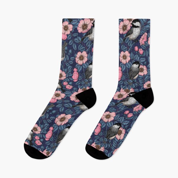 Item preview, Chickadees in the wild rose, pink and blue designed and sold by Katerina Mitkova Kirilova.